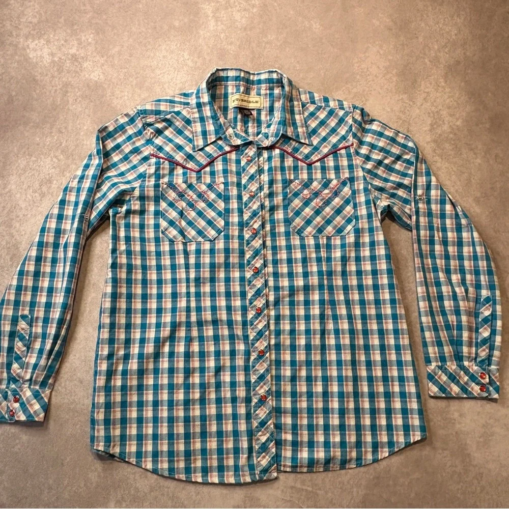 Bit & Bridle Plaid Western Embroidered Pearl Snap Button Down‎ Shirt Size Large